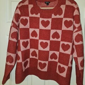Torrid (Size 0) Red and Pink Heart Checkered Sweater